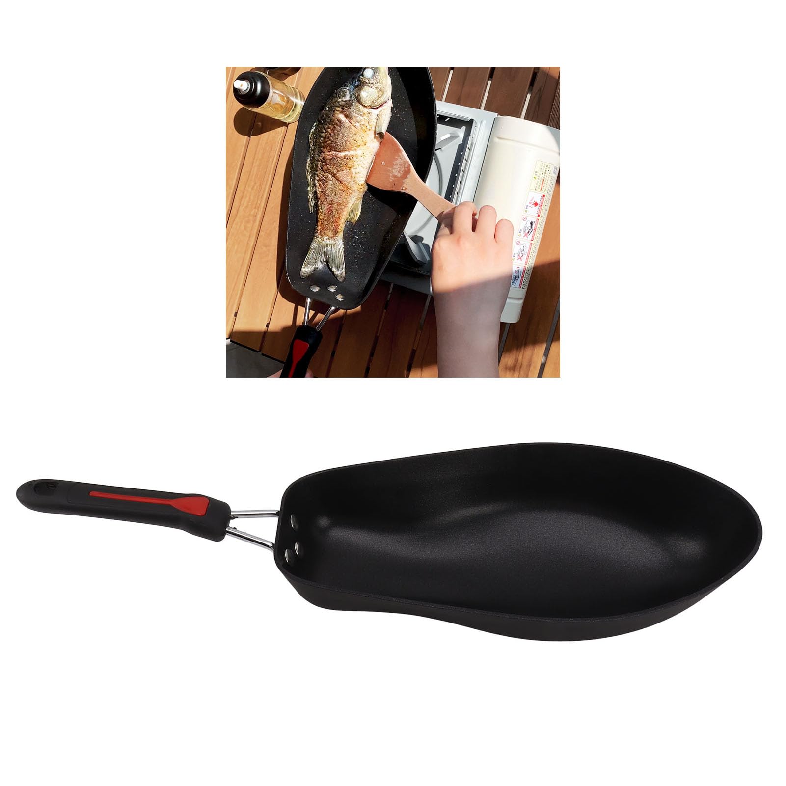 Ovale Pfanne in Fischform, antihaftbeschichtet, aus Edelstahl mit Holzschaufel, für Restaurantküche, Grillpfanne, Fleisch, 21,7 l,