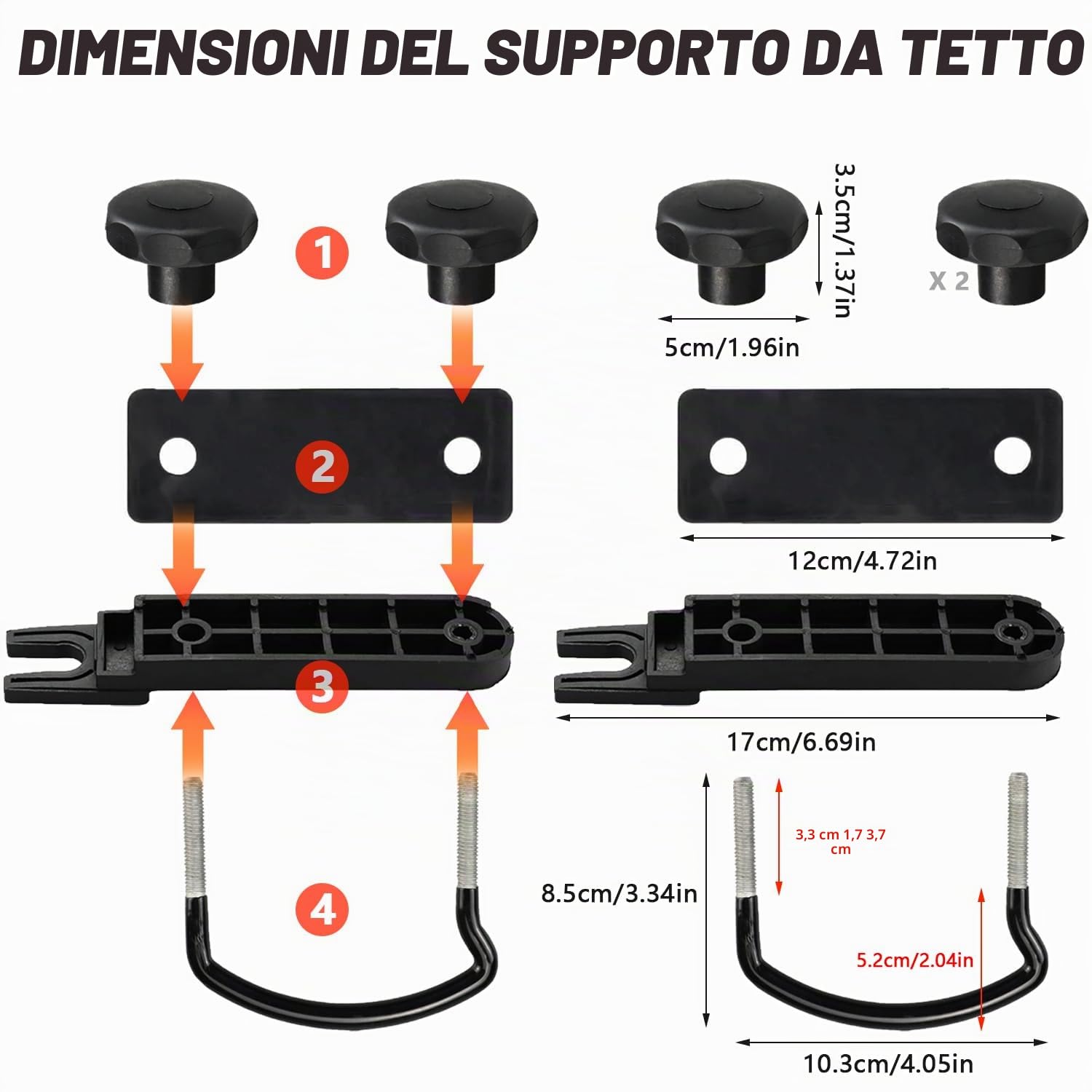 4 set di fissaggio per box da tetto, staffa U universale, auto/furgone, viti U, 85 mm, set accessori installazione 8 dadi sicurezza 2 bende rotonde