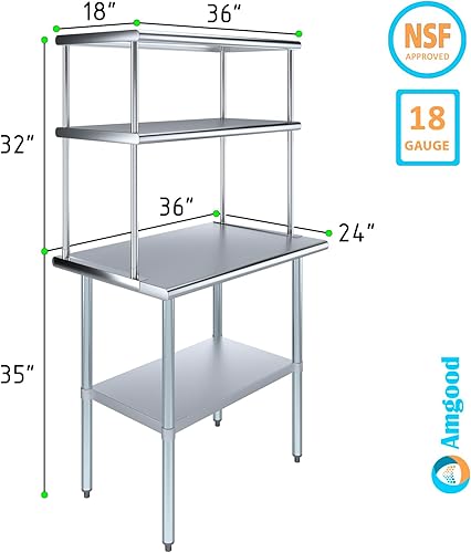 Miniatura 3 de Mesa de trabajo de acero inoxidable de 24 x 36 pulgadas con sobreestante de doble nivel de 18 pulgadas de ancho  Combo de mesa y estantería de metal