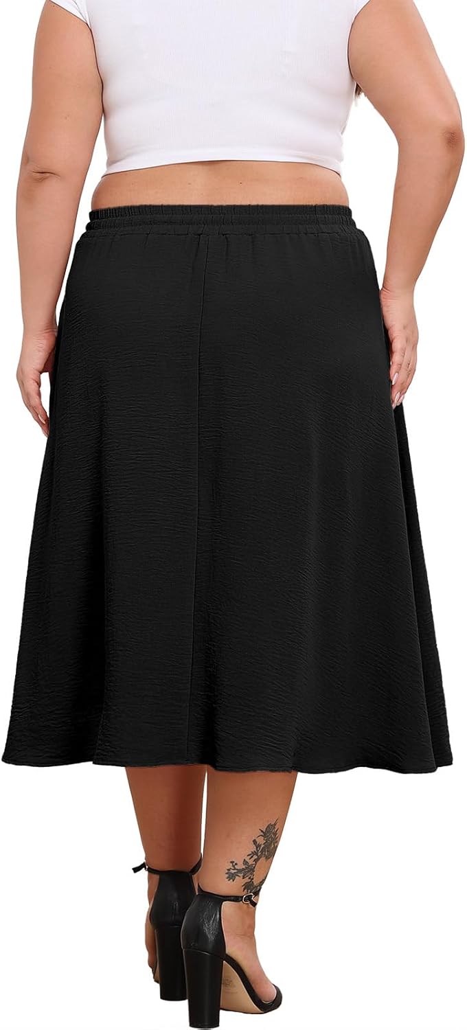 Lastshe Women's Plus Size Midi Skirts Elastic High Waisted Casual Loose Boho A-Line Flowy Skirt with Pockets - Image 5
