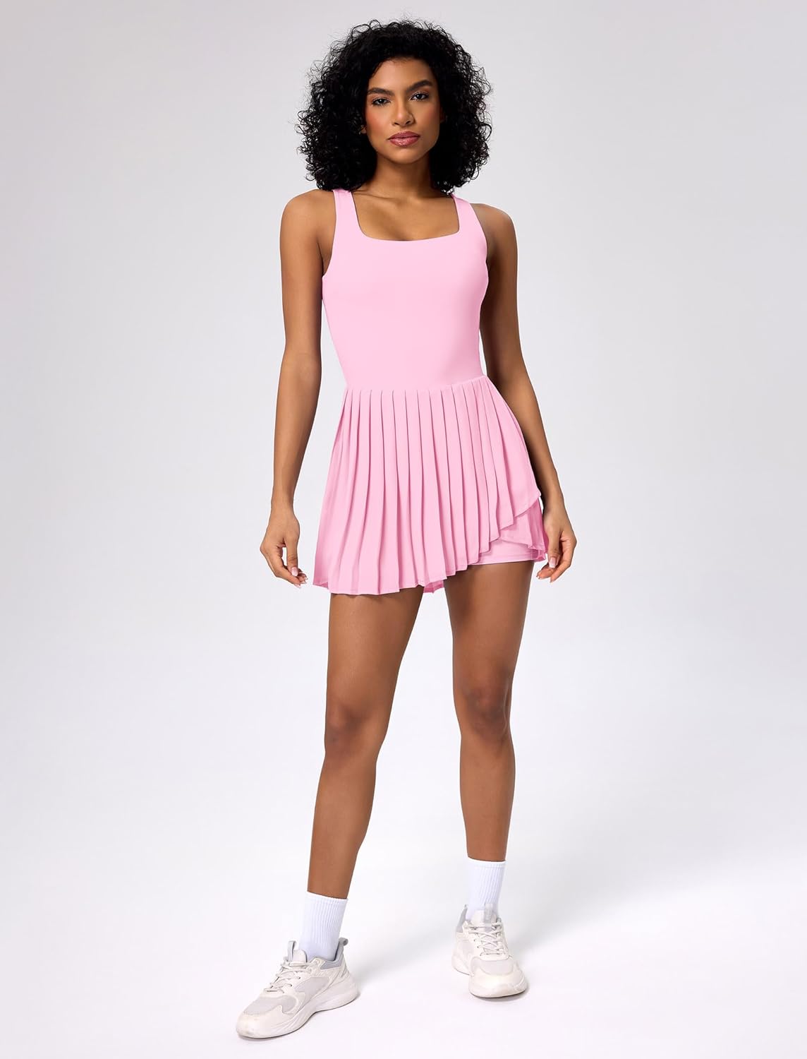 ABOCIW Tennis Dress for Women Square Neck Pleated Athletic Dress with Built-in Shorts & Bra Workout Golf Exercise Dress - Image 4