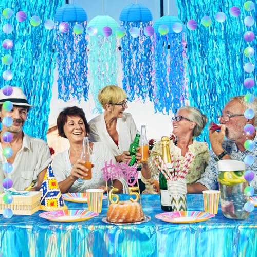 Image of 8 Pcs Under the Sea Party Decorations Ocean Waves Tablecloths Blue Tinsel Foil Fringe Curtain Jellyfish Paper Lanterns Glitter Circle Garland Hanging Banner for Baby Shower Birthday Decor