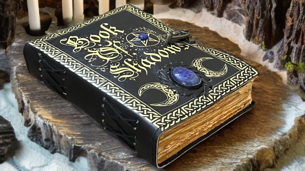 Blank Spell Book of Shadows with Celtic Lapis Stone – Vintage Leather Journal with Lock, Grimoire Junk Journal, Leather Sketchbook Notebook, 200 Deckle Pages – Witchcraft Gift for Him & Her