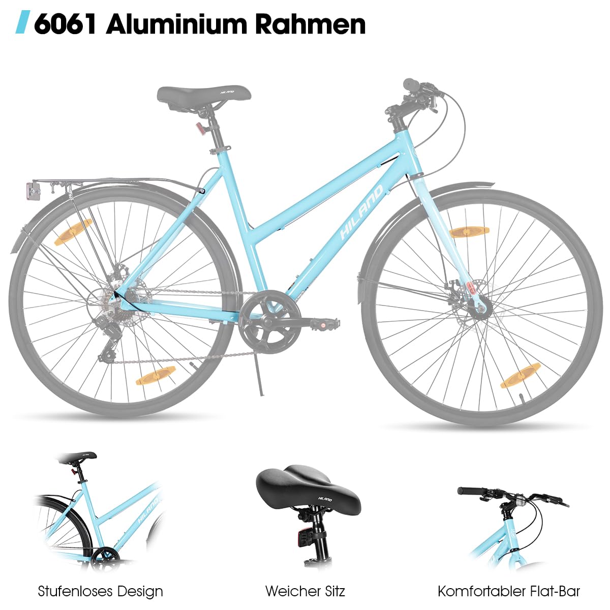 Hiland 28 Zoll Aluminium Rennrad, 7-Gang Schaltung Pendlerfahrrad mit Scheibenbremsen, 700C Komfortabler Stadt für Männer Frauen