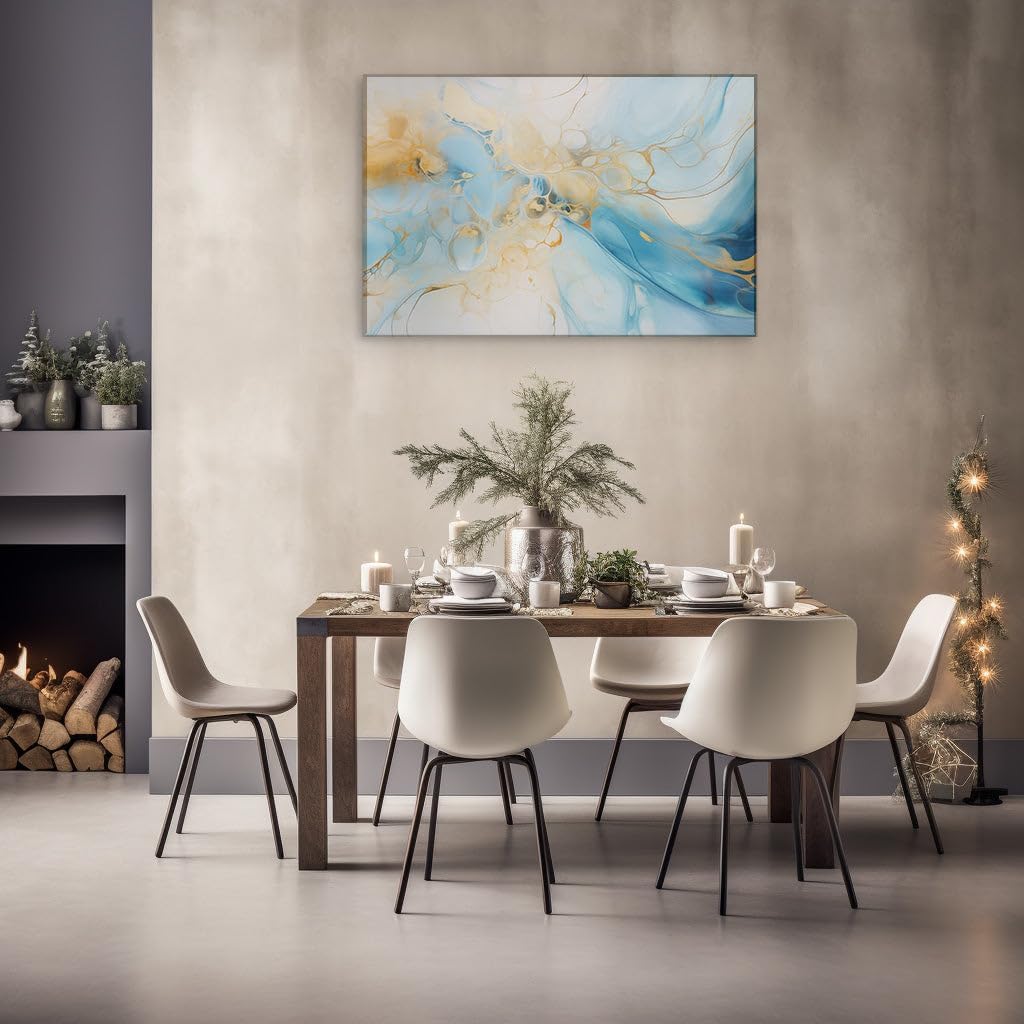 Canvas for Living Room. Dive into a Dreamscape - Unraveling The Swirling Patterns and Bubbling Depths of Blue, White, and Gold in Abstract Art, 27 x 18 inch Canvas Wall Art - Modern Home Decor