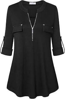 Bulotus 3/4 Length Sleeve Womens Striped Tops Zipper V Neck Collared Blouses Business Casual Tunics 2026 Spring Trendy