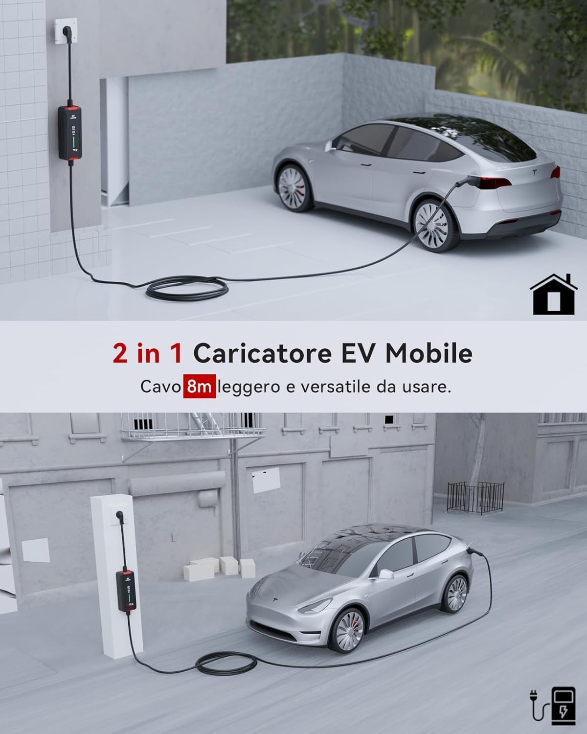 EV Caricatore Tipo 2 3.6 KW, 8M Cavo Ricarica Auto Elettrica Tipo 2 Schuko con Scatola Commutabile 6-16A, 8M EV Charger Portatile IEC 62196-2 Stazione Caricabatterie