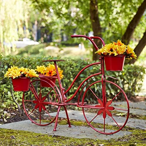 glitzhome Bicycle Plant Stand Metal Standing Planter Hand Painted Flower Holder Indoor Outdoor Home Garden Patio Decor Red, 25.98" H