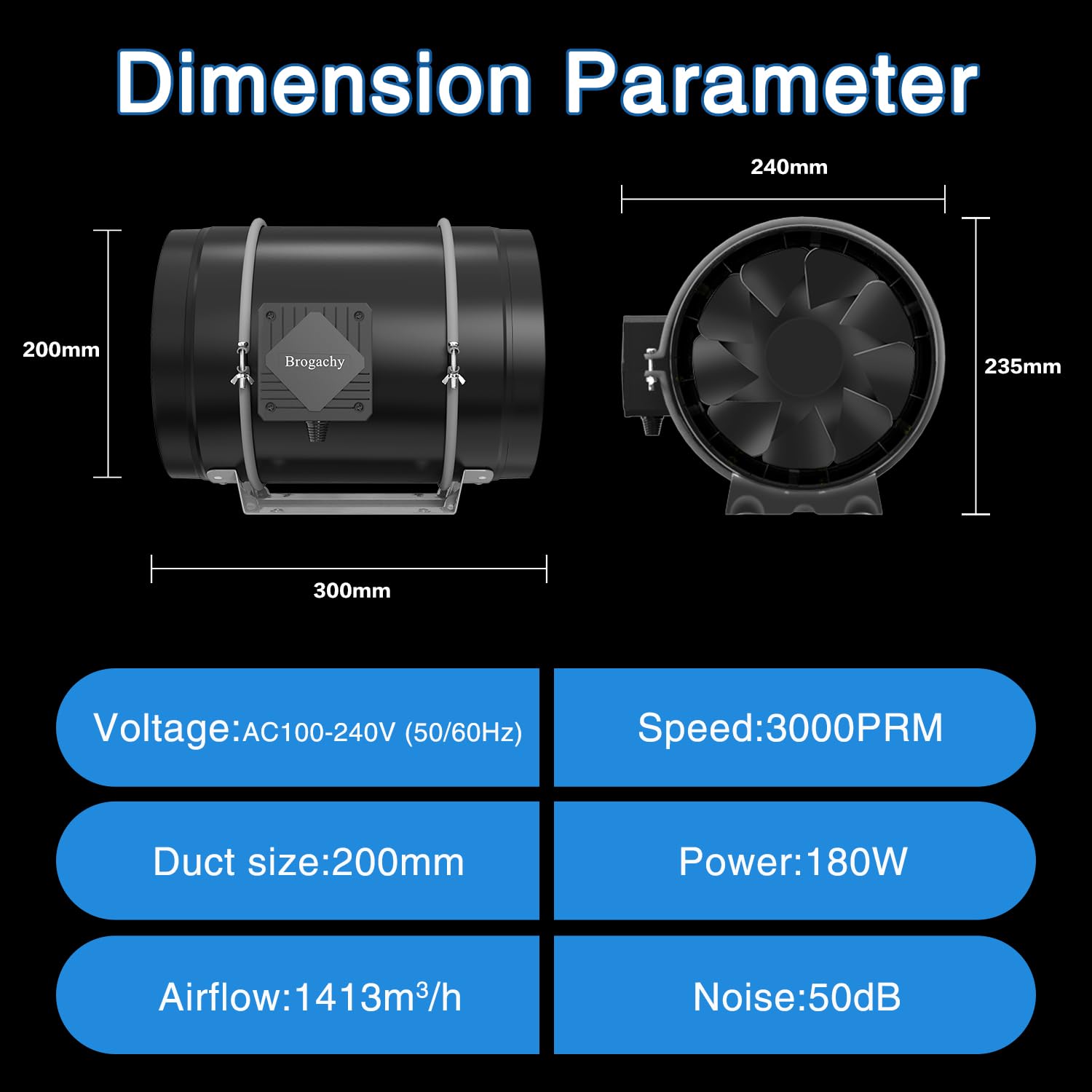200mm Regelbar Rohrventilator, Abluftventilator 3000 RPM,mit Dreiphasiger EC Motor, für Heizung, Kühlung,Booster, Wachstumszelte, Hydrokulturen, Heimgebrauch, Belüftung.