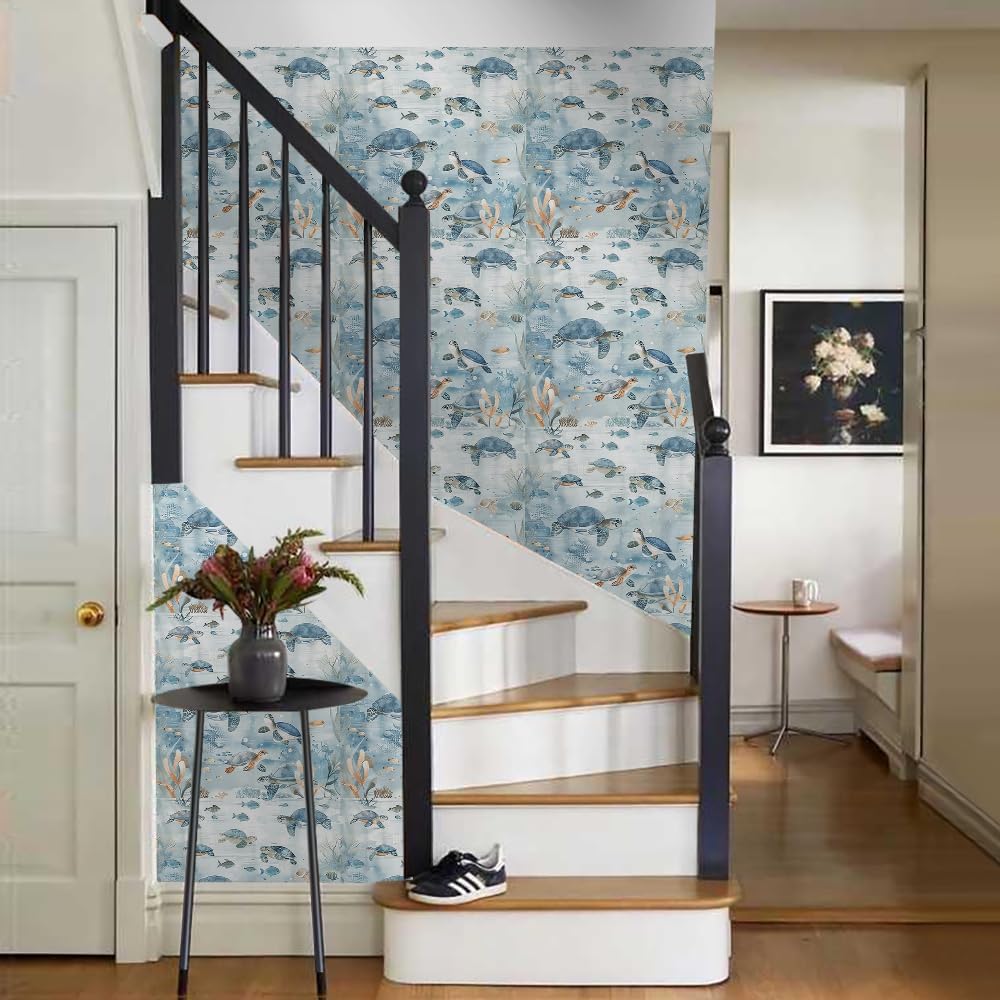 18"x236" Watercolor Blue Underwater Turtle Peel and Stick Self Adhesive Wallpaper Removable Contact Paper Stick on Easy Peel Off Wall Paper for Kitchen Bedroom Bathroom Renter
