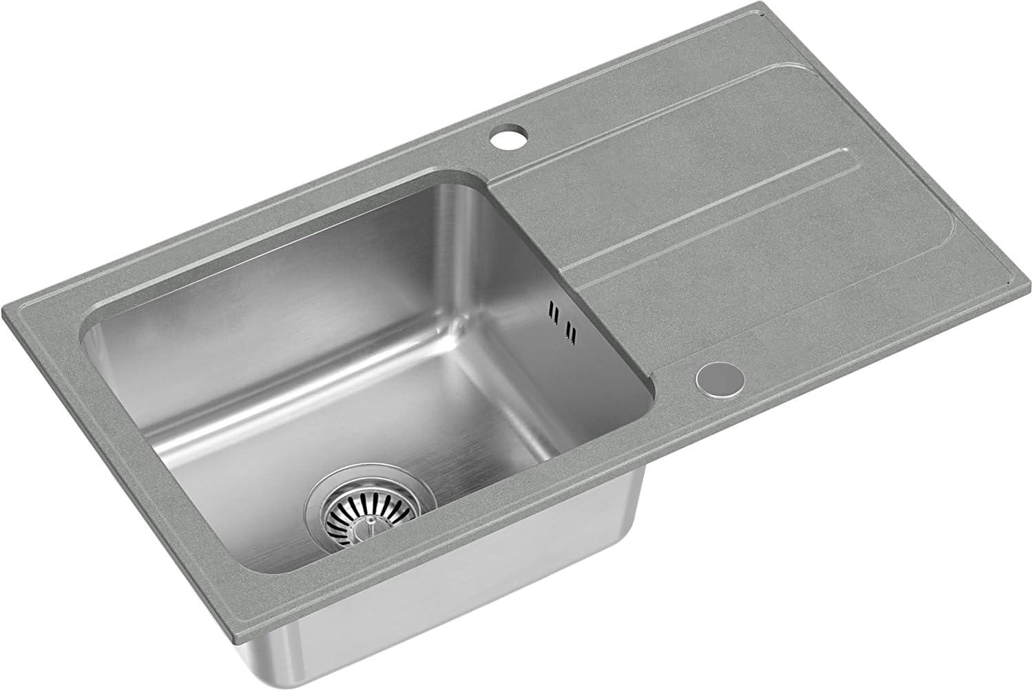 QUADRON fregadero gris | tamaño 78 x 43 cm | RALPH 111 fregadero de cocina de un seno con cubeta de acero | granito y acero inoxidable | con sifón y tapón de rosca | con escurridor