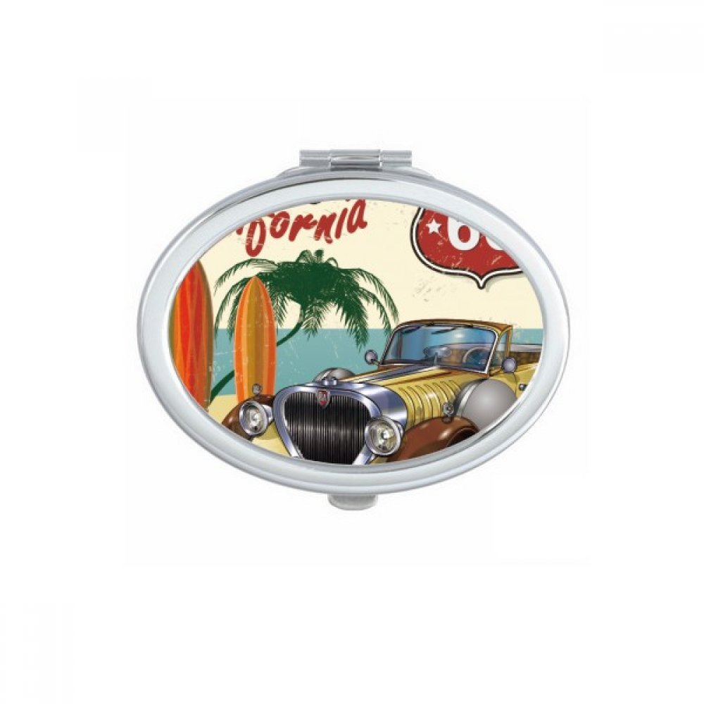 Miroir de poche compact ovale avec motif voitures vintage marron