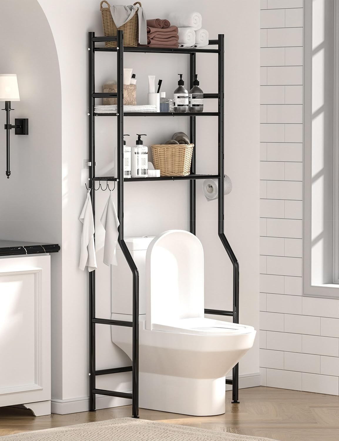 GloTika 3-Tier über die Toilette Lagerung, Platzsparer Metall Badezimmer Regale, freistehend über die Toilette Lagerung Regal mit 4 Haken für Badezimmer, schwarz