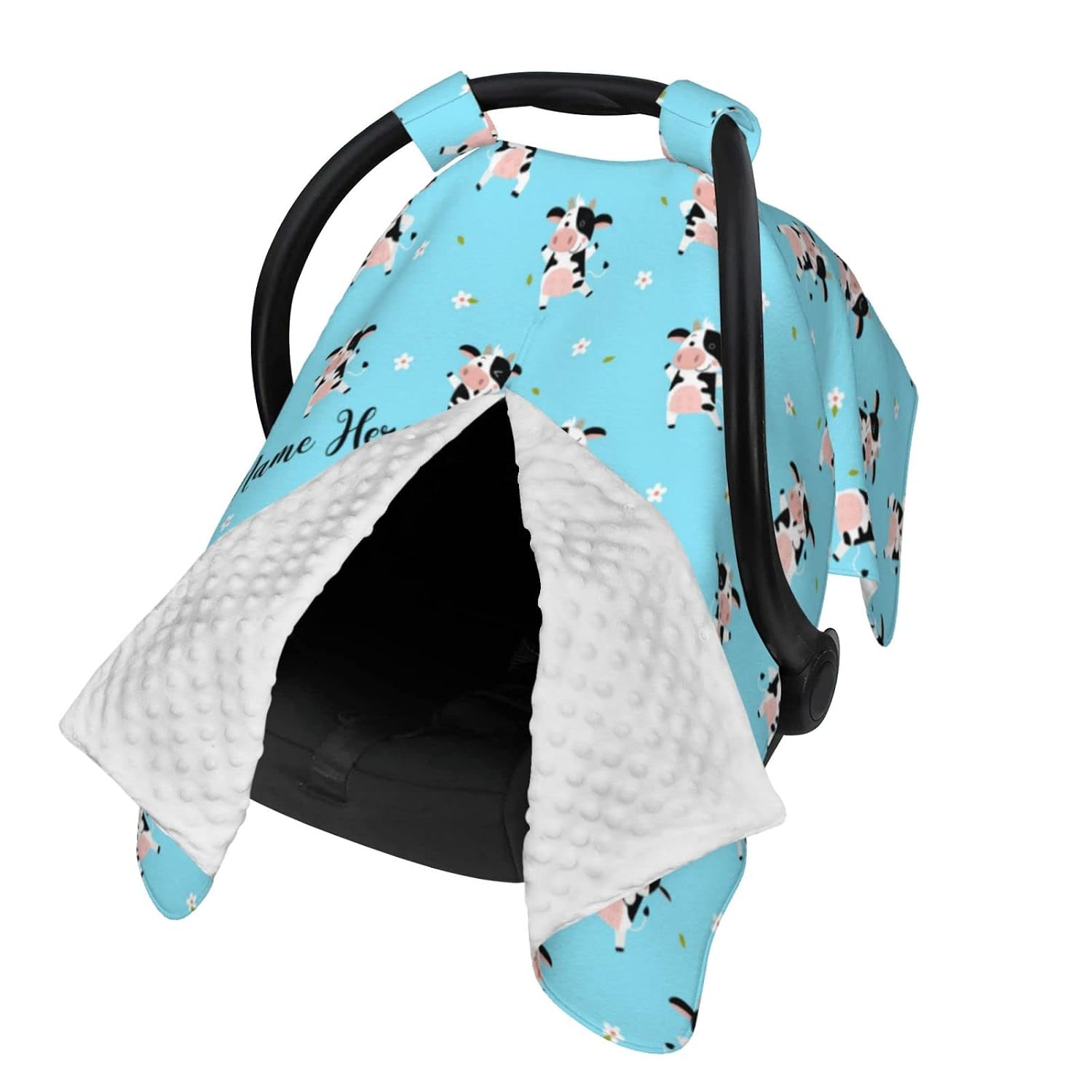 Personalized Cute Funny Cow Baby Car Seat Canopy for Babies with Name, Customized Stroller Car Seat Covers for Boys Girls, Minky Nursing Carseat Cover for Breastfeeding, Car Seat Canopies for Newborn