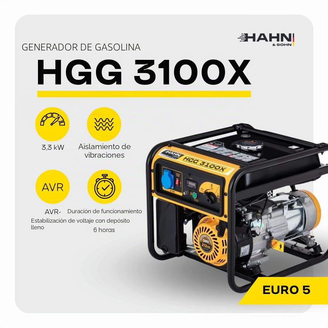 Generador de energía de gasolina, silencioso y portátil, 3,3 kW con AVR, tiempo de funcionamiento de 6 h y depósito de 9 L para casa, camping y obras