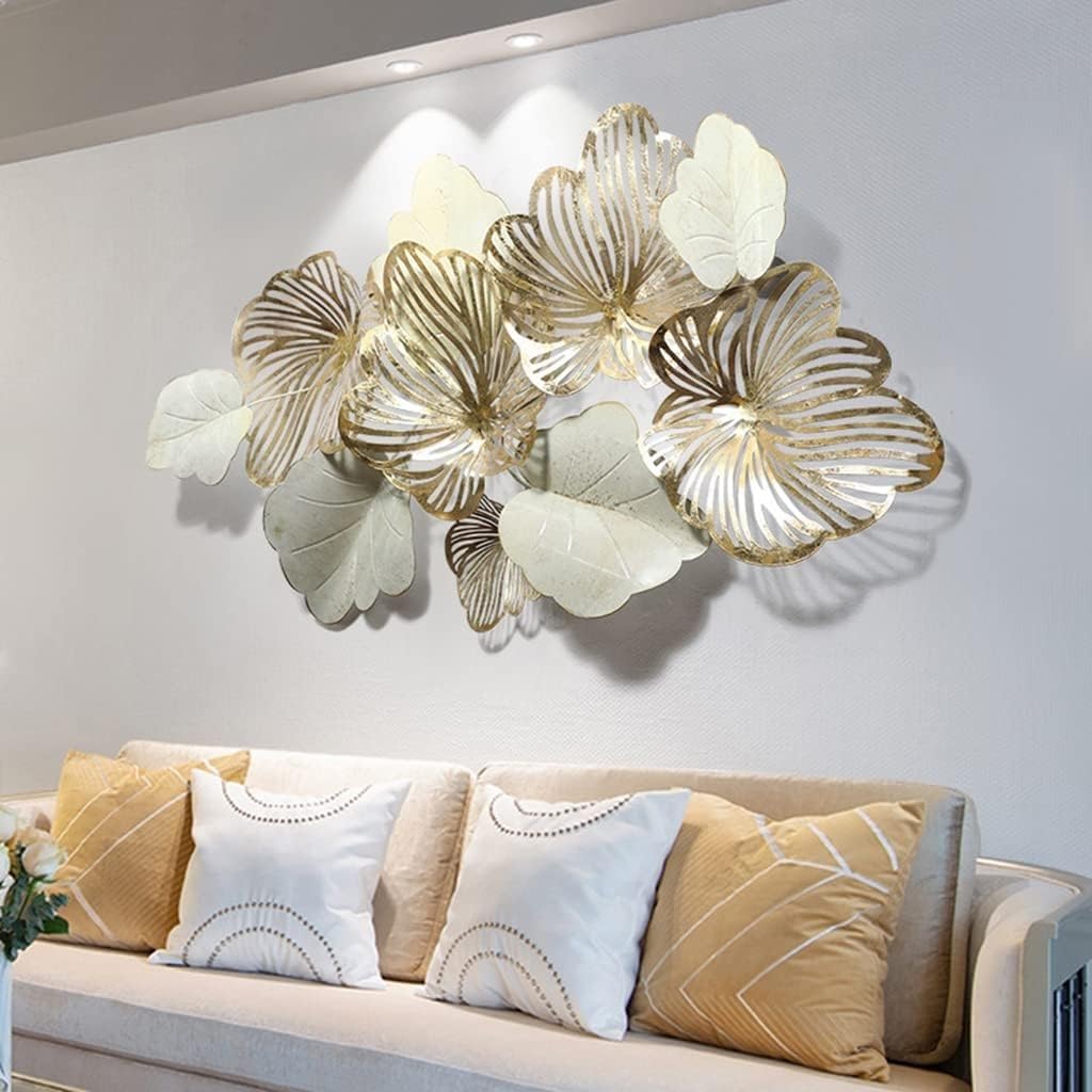 Arte de Pared de Metal Moderno y Lujoso para Sala de Estar - Decoración del Hogar 3D con Hojas Naturales - para Dormitorio, Cocina - Regalo - Largo 132 cm
