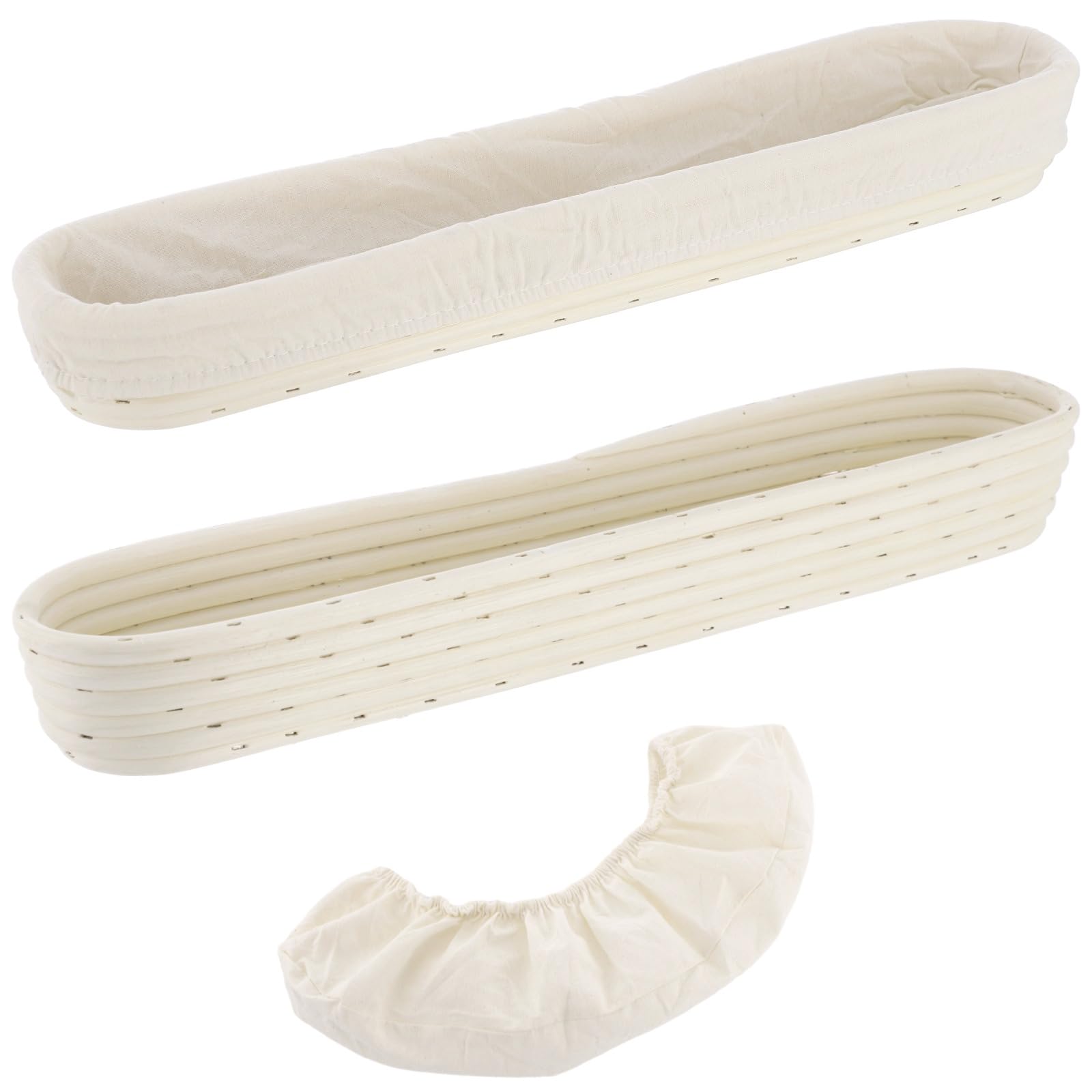 2 Stk. Baguette-Gärkörbe, 42,4 x 7,9 x 5,6 cm, aus natürlichem Rattan, handgeflochten, für Sauerteig und lange Brote, mit Stoffeinlagen, für Hobbybäcker und Bäckereibedarf