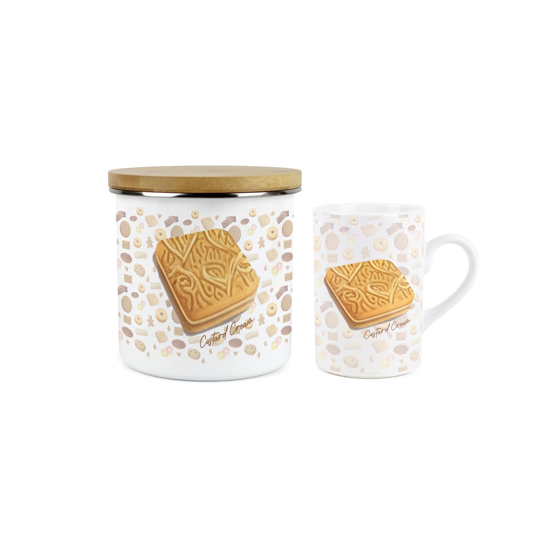 Purely Home Custard Cream Mug & Canister Gift Set - Novelty Gifts for Foodies - Ceramic Mug & Enamel Biscuit Tin/Cookie Jar Present