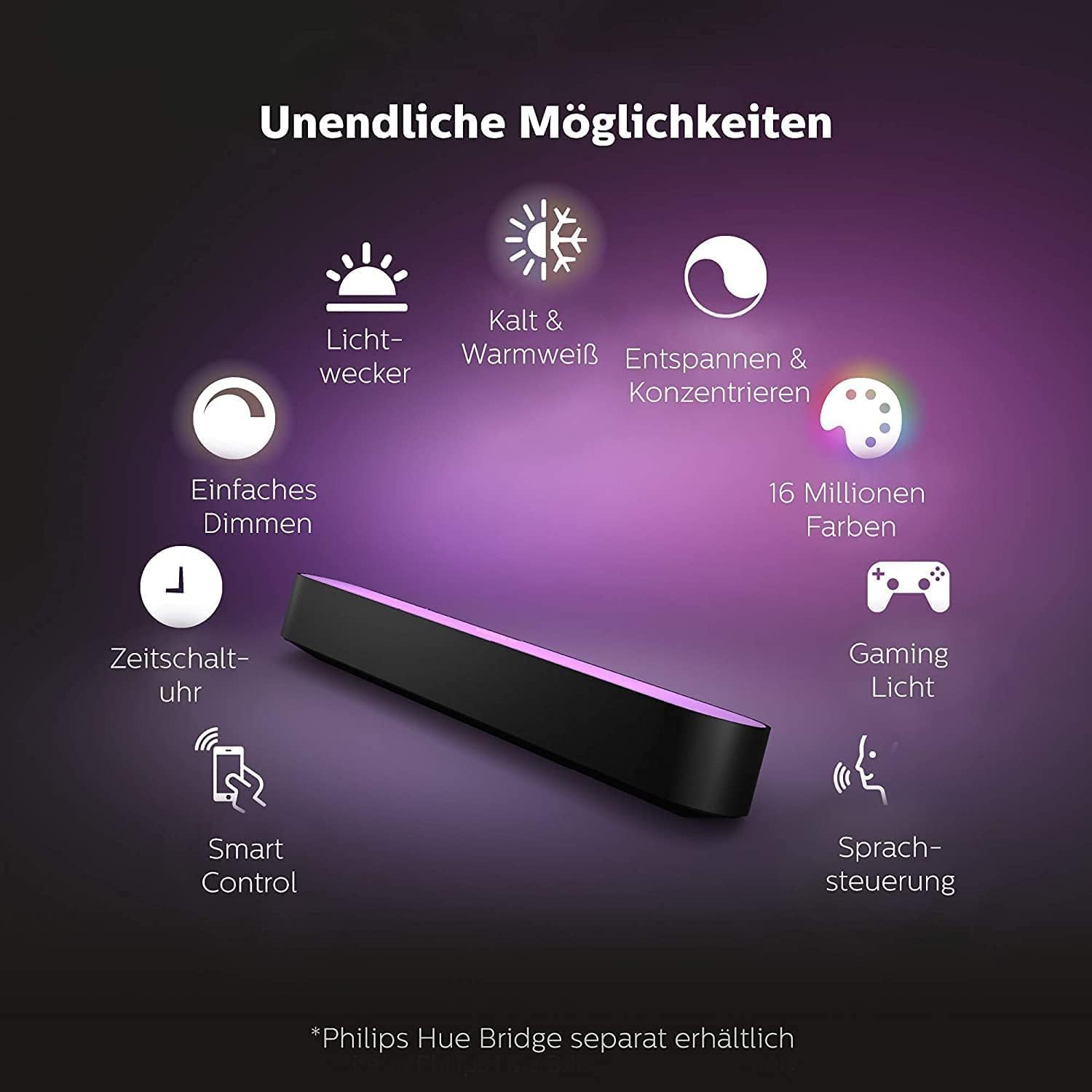 Philips Hue White & Color Ambiance Play Lightbar 2er Pack Basis-Set 500 lm Dimmbare Lichtsäulen TV-Hintergrundbeleuchtung Schwarz