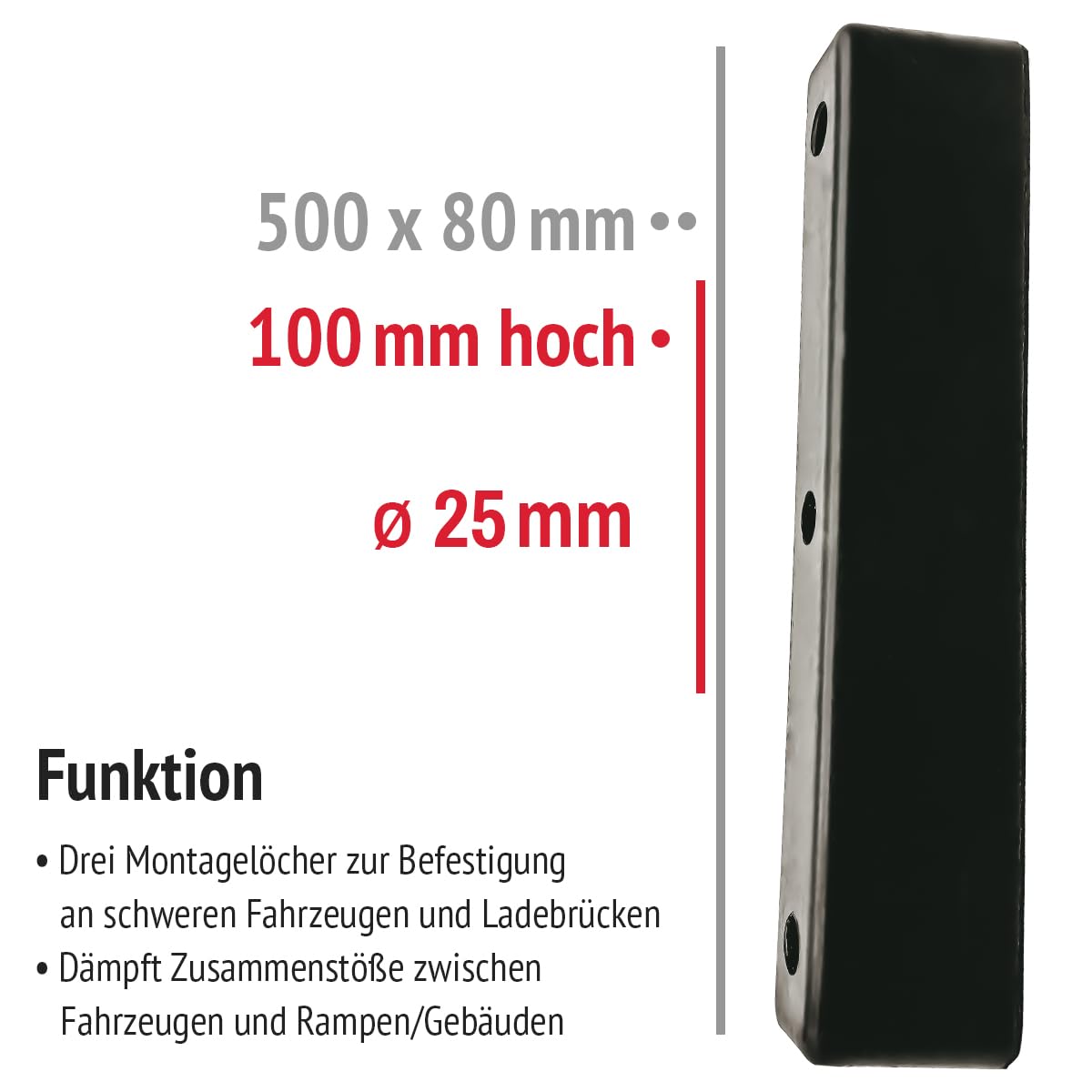 Anfahrpuffer Standard B | 500x80x100mm Gummipuffer für Rampen und Standard-Überladebrücken. Schützt LKWs, Wechselbrücken und Gebäude | Lochabstand: 250mm; Lochdurchmesser: 200mm (2)