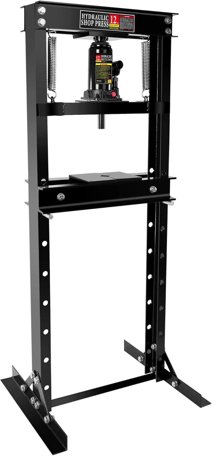 12 Ton Hydraulic Shop Press, Heavy-Duty H-Frame Bearing Press with Stamping Plates, Adjustable Worktable for Metal Bending, Straightening, Installing Bearings & U-Joints – Garage Floor Press Tool