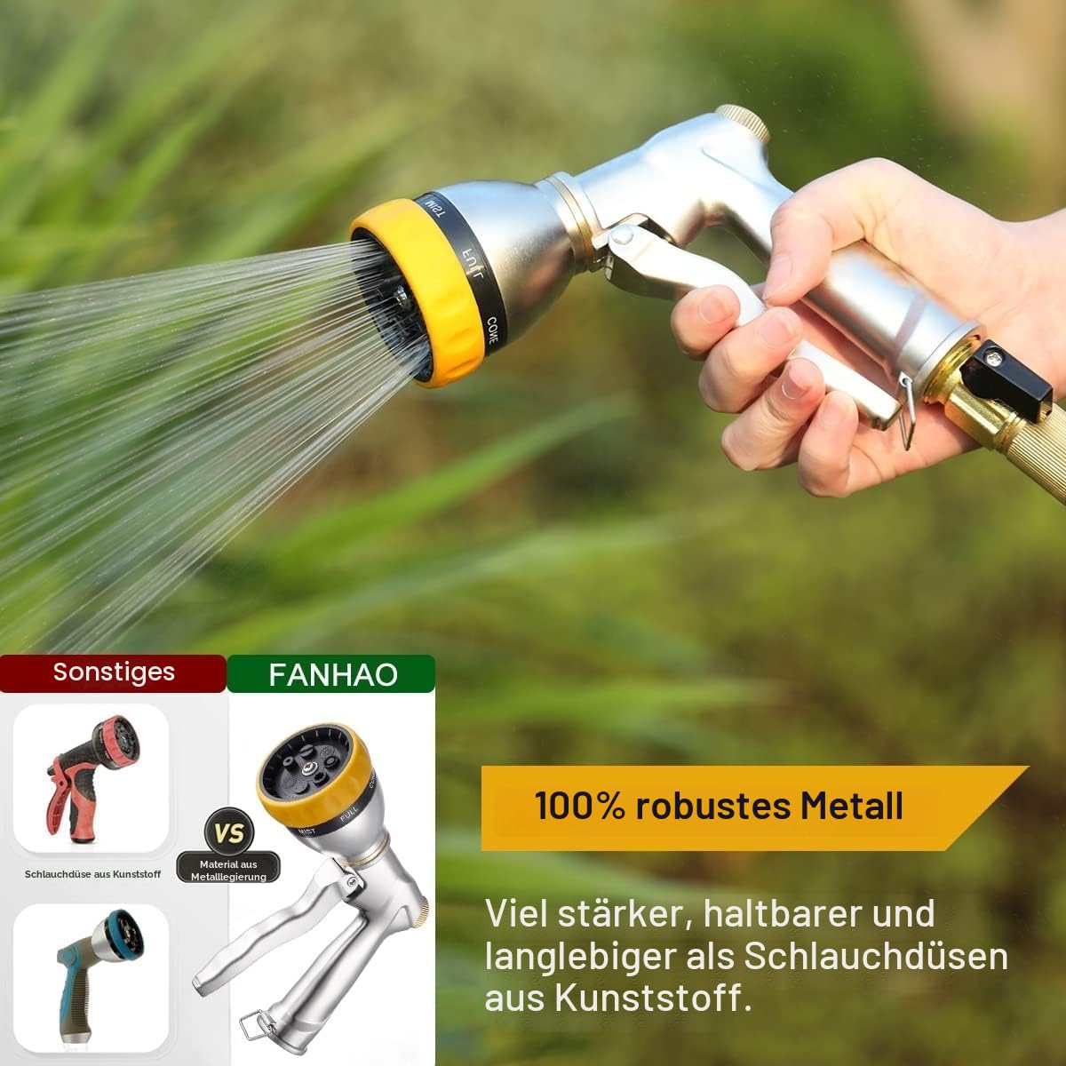 FANHAO Garten Handbrause 100% Metall Gartenbrause für Gartenschlauch, 7 Sprühmuster, Abzugshebel verriegelbar, rostfrei beständig gegen Korrosion, Schnellkupplungssystem Silber