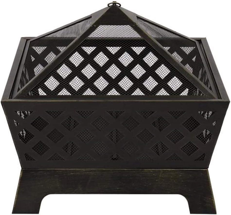 Fire Pit Garden Pits with Heat-Resistant Coating Iron Tabletop Outdoor Wood Burning with Spark Screen Cover and Poker