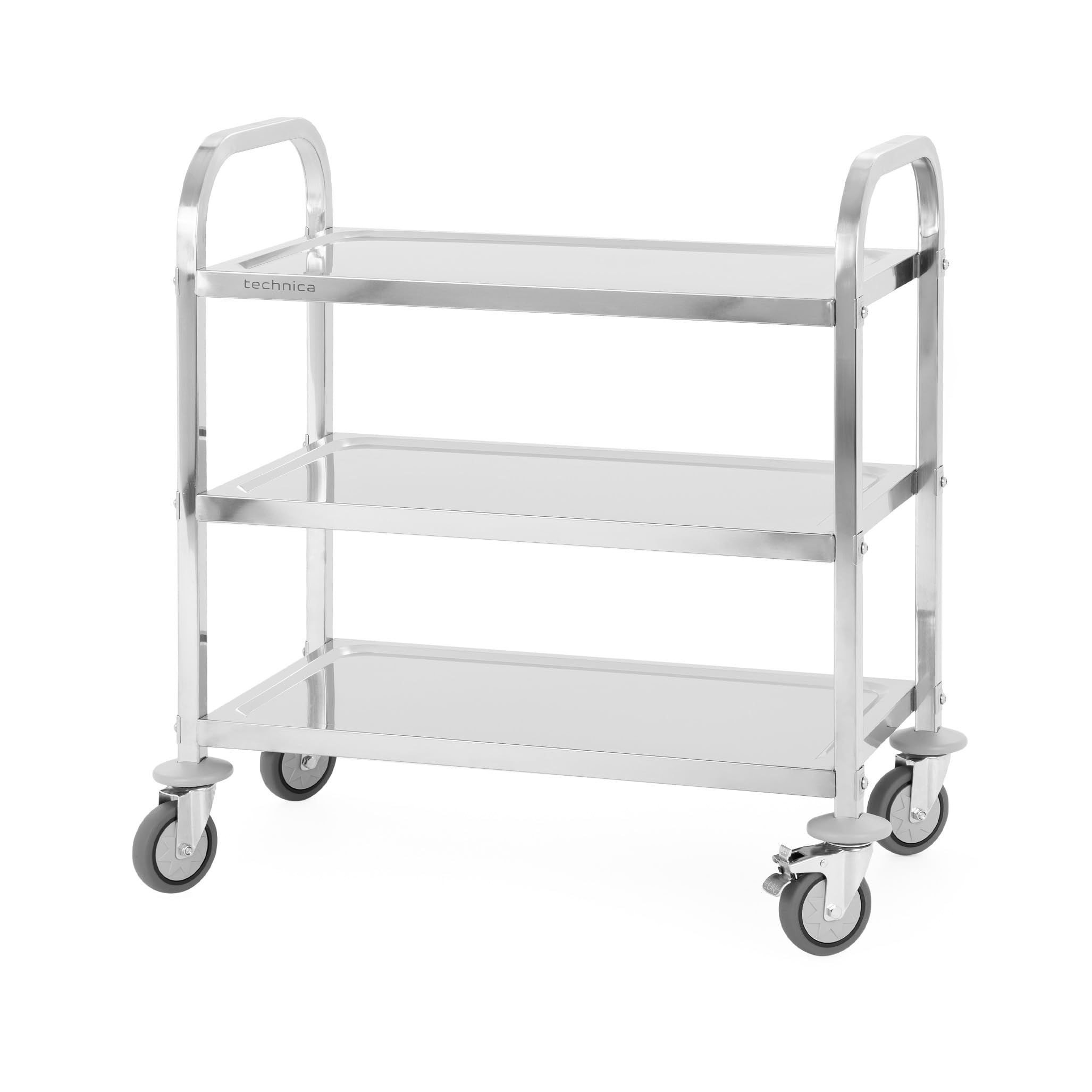 TECHNICA Servierwagen Edelstahl 3 Etagen mit Rollen & Bremse | Quadratischer Griff 750x400x835mm Rollwagen Küche Gastronomie Transportwagen leise & stabil – Küchenregal schmal mobil