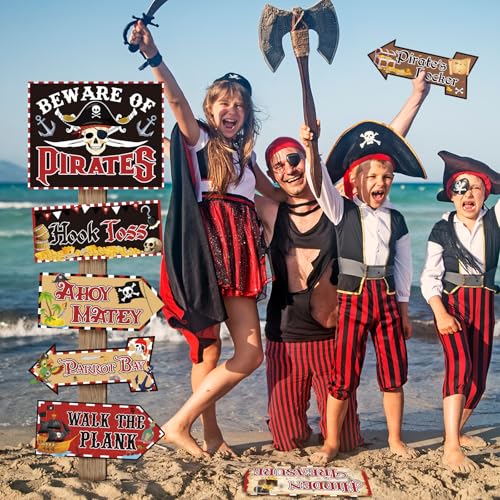Image of Hooqict 20 Pieces Pirate Party Decorations Sign Beware of Pirates Party Directional Signs Pirate Themed Birthday Party Banner Supplies