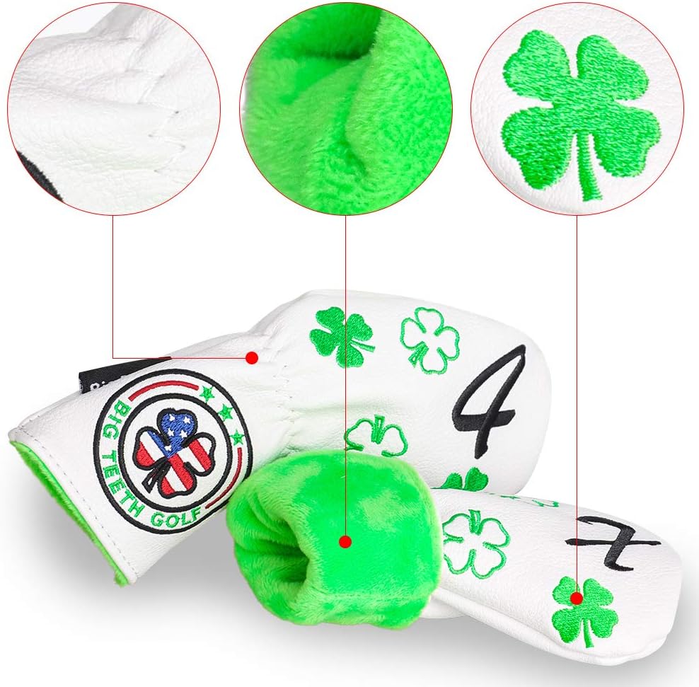 Big Teeth Golf Cover Lucky Clover Headcover Covers, Driver Fairway Wood Hybrid Headcovers Fits Blade Mallet Putter Iron and Woods with Magnetic White Shamrock Head Club Protector Leather