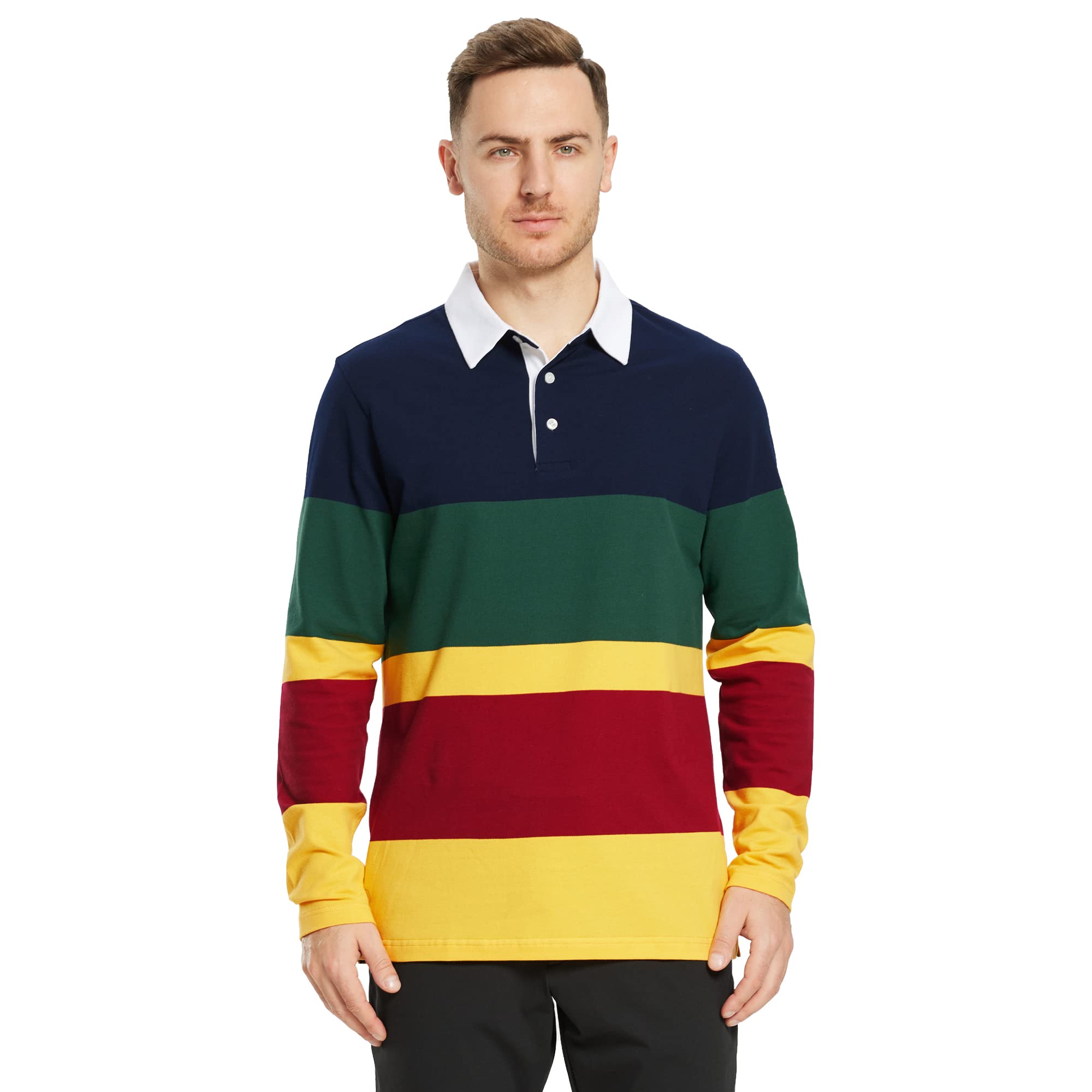 Polo da golf da uomo a maniche lunghe a righe asciutte vestibilità atletica casual a maglia polo per uomo, Colore: giallo marino., L