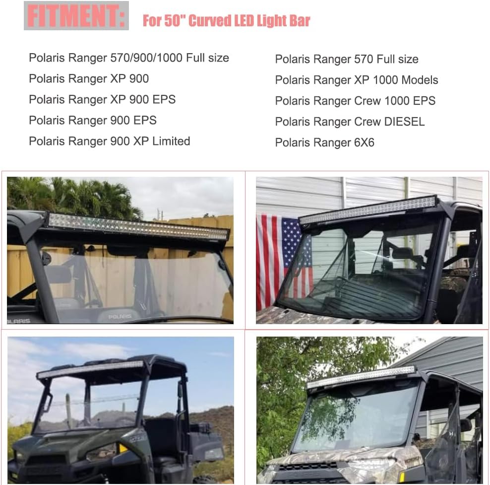 Front Upper Roof Windshield Pro-fit Cage 50-52 inch Curved Light Bar Mount Brackets Compatible with Polaris Ranger 570 900 1000 XP 900 EPS