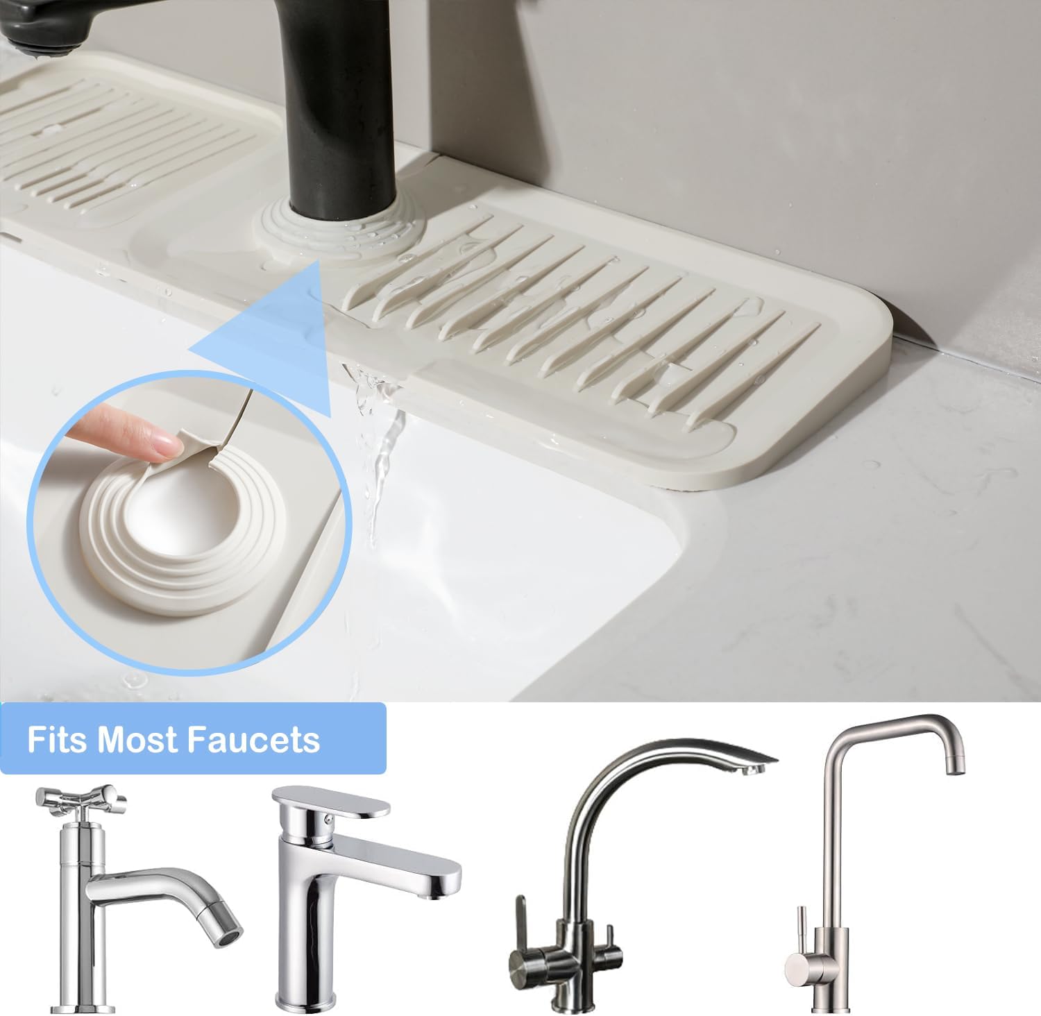 Kitchen Sink Splash Guard, 14.6" x 5.5" Silicone Mat, Draining Pad Behind Faucet, Splash Catcher, Keep Kitchen and Bathroom Sinks Dry, Grey
