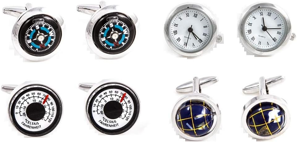Traveler Working Watch Thermometer & Compass Steampunk Spinning Globe Pilot 4 Pairs Cufflinks in a Presentation Gift Box & Polishing Cloth