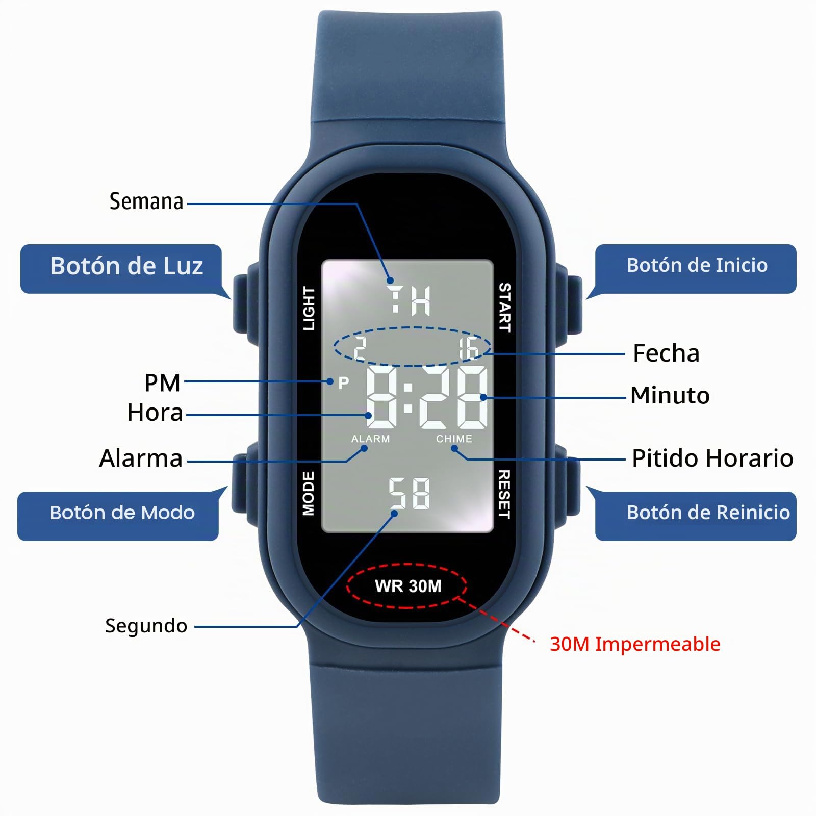 DTKID Reloj Digital para Niños y Niñas, Resistente al Agua hasta 30 M, Apto para Deportes y Actividades al Aire Libre, con Luz, Alarma y Función de Cronómetro