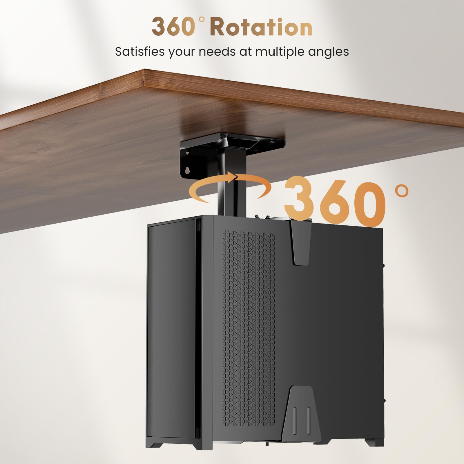 Soporte para PC debajo del escritorio, soporte de CPU ajustable con rotación de 360°, capacidad de carga de 15 kg/33 libras, 2 opciones de montaje (negro)