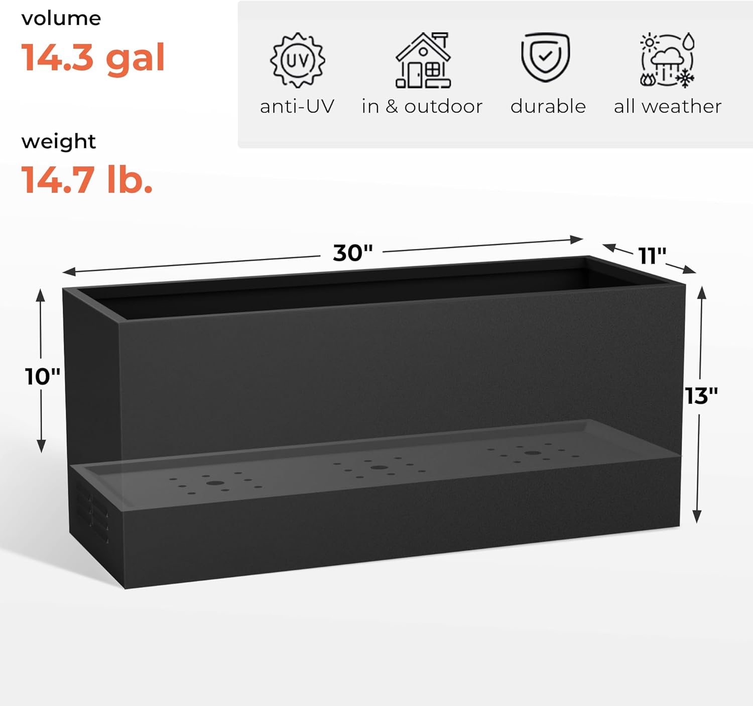Worth Metal Planter Box with Insert Plate & Drain Holes, Indoor or Outdoor Use, No Assembly Required, 30" x 11" x 13", 14.3 Gallons, Matte Black