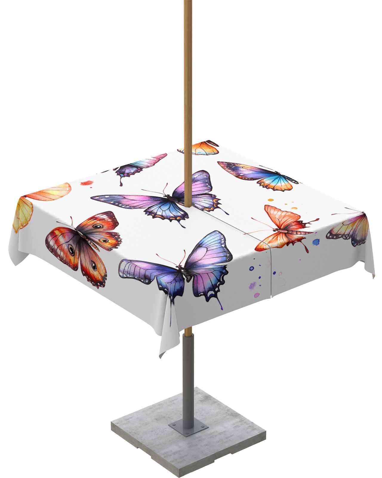 Lsrtoss Outdoor Tablecloth with Umbrella Hole & Zipper, Modern Butterfly Square Tablecloth 54x54 Inch, Spring Summer Watercolor Rustic Patio Table