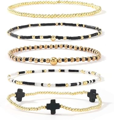 5Pcs Gold Plated Cross Beaded Bracelets Stack Set for Women,Stretch Stackable Boho Colorful Beads Ball Jewelry Friendship Summer Daily Wear Trendy
