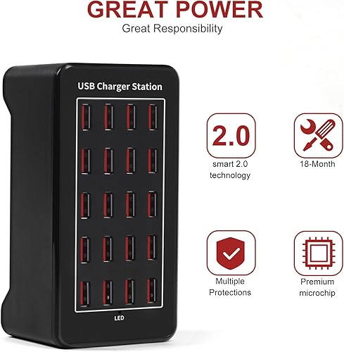 Miniatura 7 de Estación de carga USB múltiple de 20 puertos de 100 W (20 A), estación de carga USB multipuerto RISWOJOR con detección inteligente, compatible con