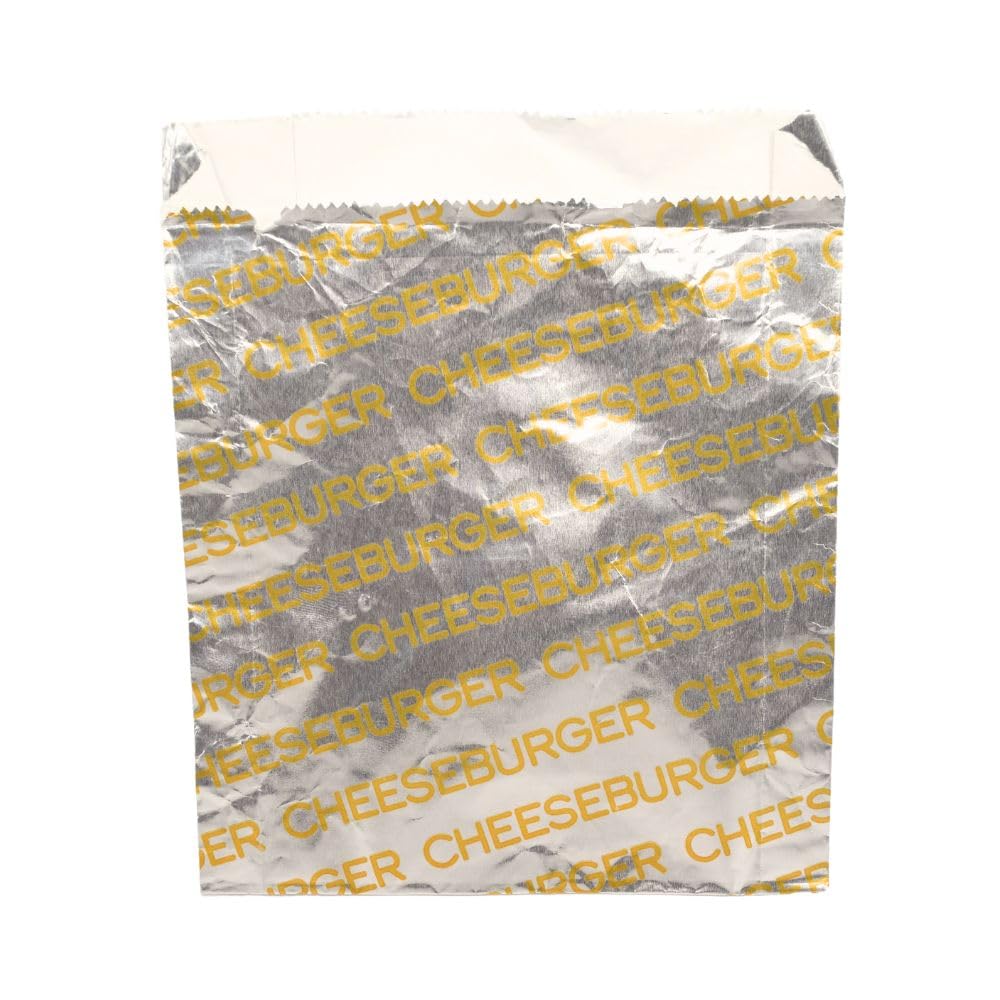 Large Foil Cheeseburger Sandwich Bags - Grease Resistant, Keeps them Hot - Words in Yellow say- "Cheeseburger", 100 Count