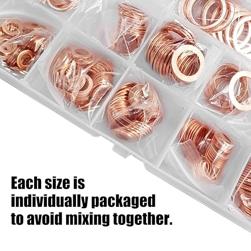 Miniatura 2 de Joywayus Juego surtido de arandelas de cobre, 200 piezas, 9 tamaños, arandelas de sellado métrico de cobre, kit de arandelas planas