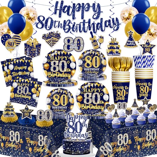 169pcs 80th Birthday Decorations Tableware Set with Plates, Napkins, Cups, and Tablecloth Set, Banner, Hanging Swirls 80th Birthday Decorations for Me