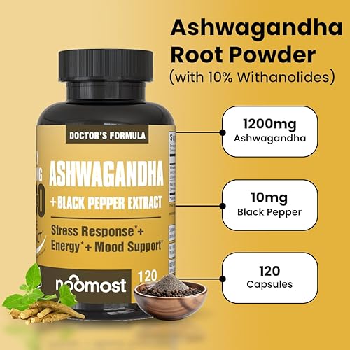 Miniatura 3 de NooMost Ashwagandha 1200 mg con extracto de pimienta negra  10% Withanolides  Extracto de raíz puro para promover la calma y el equilibrio para