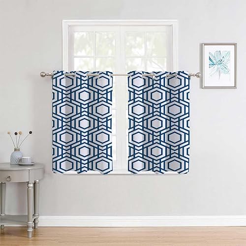 Miniatura 2 de Cooling Blackout Curtains Dark Blue Geometry Lattice Line Modern Wall Noise Blocker Cortinas para Ventanas De Cuarto 63Inch Width by 63Inch Length,2