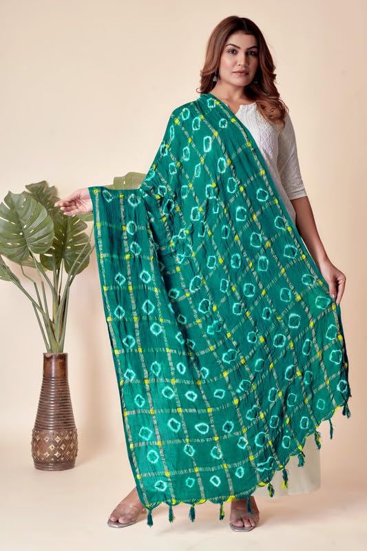 Image of Women Bandhani Dupatta | Traditional Chunri Print with Decorative Border | Lightweight Ethnic Stole for Festive and Wedding Wear