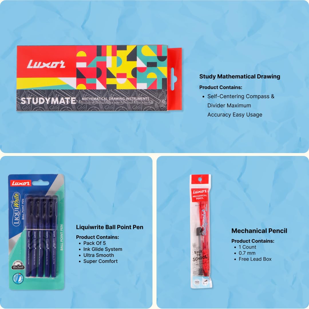Luxor Schulanfangsset – eine langlebige Geometriebox, glatte Kugelschreiber, Druckbleistift, stabiles Premium-Notizbuch, lebendige super fluoreszierende Textmarker – ein komplettes Set für Schüler