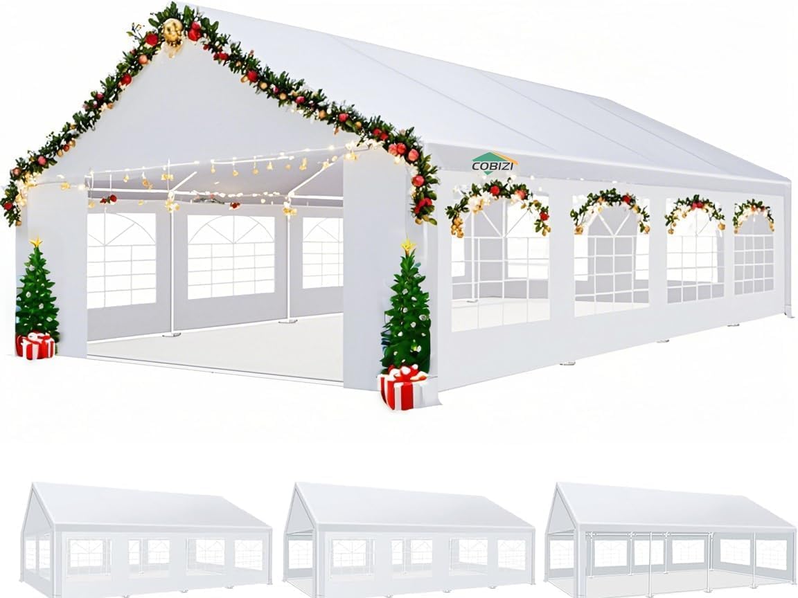 COBIZI 20x30FT Party Tent Heavy Duty Outdoor Gazebo White Event Shelter Wedding Canopy for Parties Carport BBQ Commercial with Removable Sidewall Windows, Powder Coating (Better Than Galvanized)