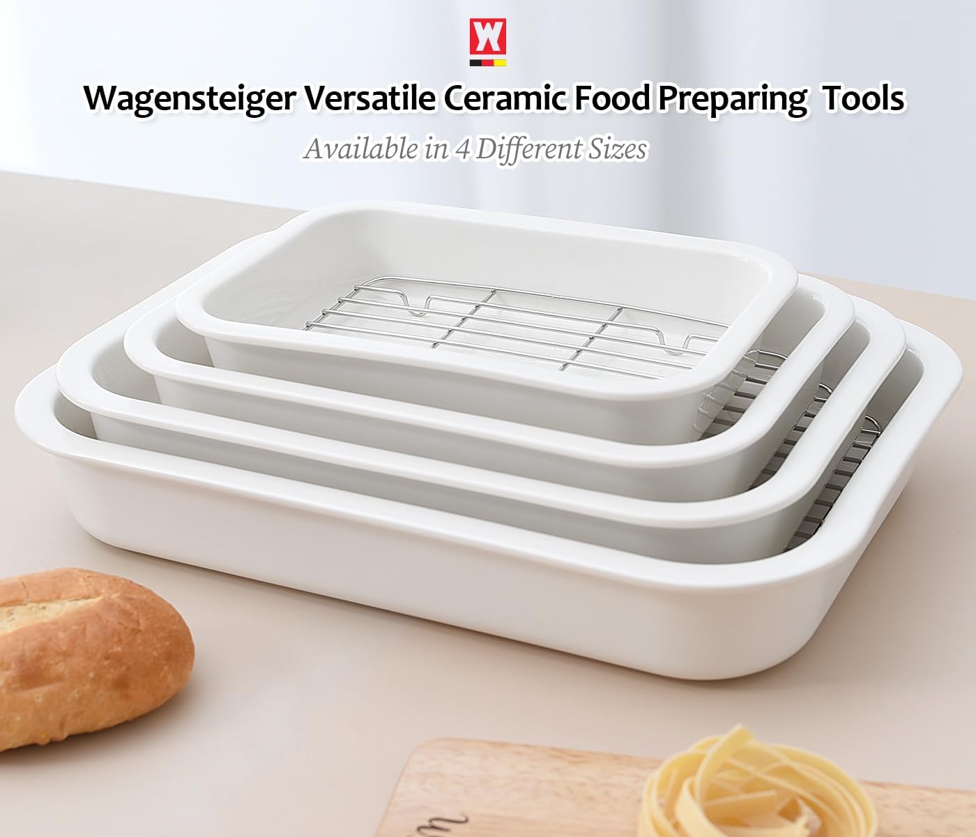 Ceramic Roasting Pan, Baking Dish with Stainless Steel Rack, Non Stick Chicken Roaster Pan, Microwave or Conventional Oven Cooking, Food Prep Tools, White Color (White, 2.94 Quarts)