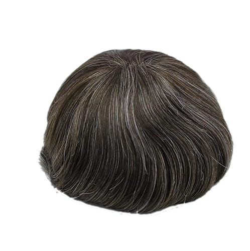 Miniatura 2 de Suncolorhair Toupee gris mixto marrón para hombres, sistema de unidad de cabello natural con piel fina inyectada (330#-3# color con 30% pelo gris)